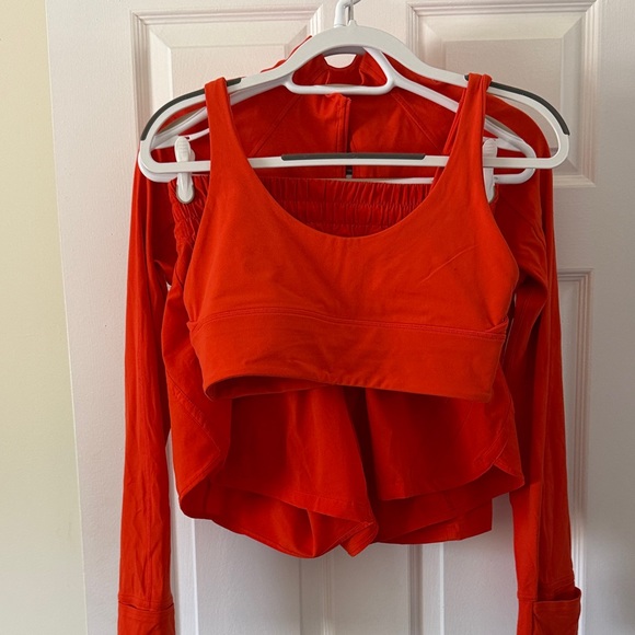 lululemon athletica Other - Lululemon 3-part set! Orangey-red. Sports bra, jacket, running shorts